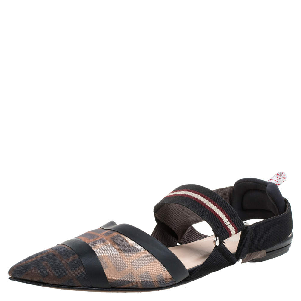Pre Owned Fendi Black/Brown Zucca Mesh Colibri Slingback Flat Sandals Size 38