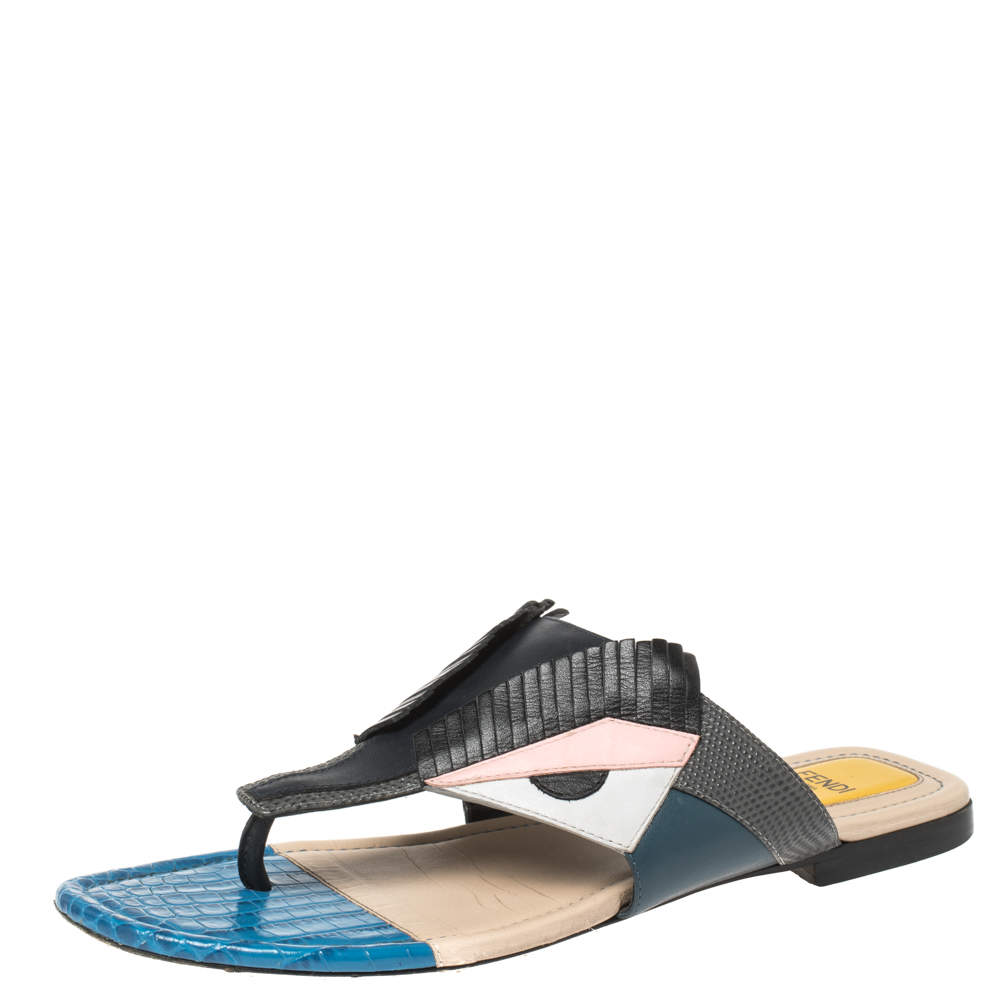 مملوكة مسبقًا Fendi Multicolor Bugs Paneled Leather Thong Sandals Size 38.5