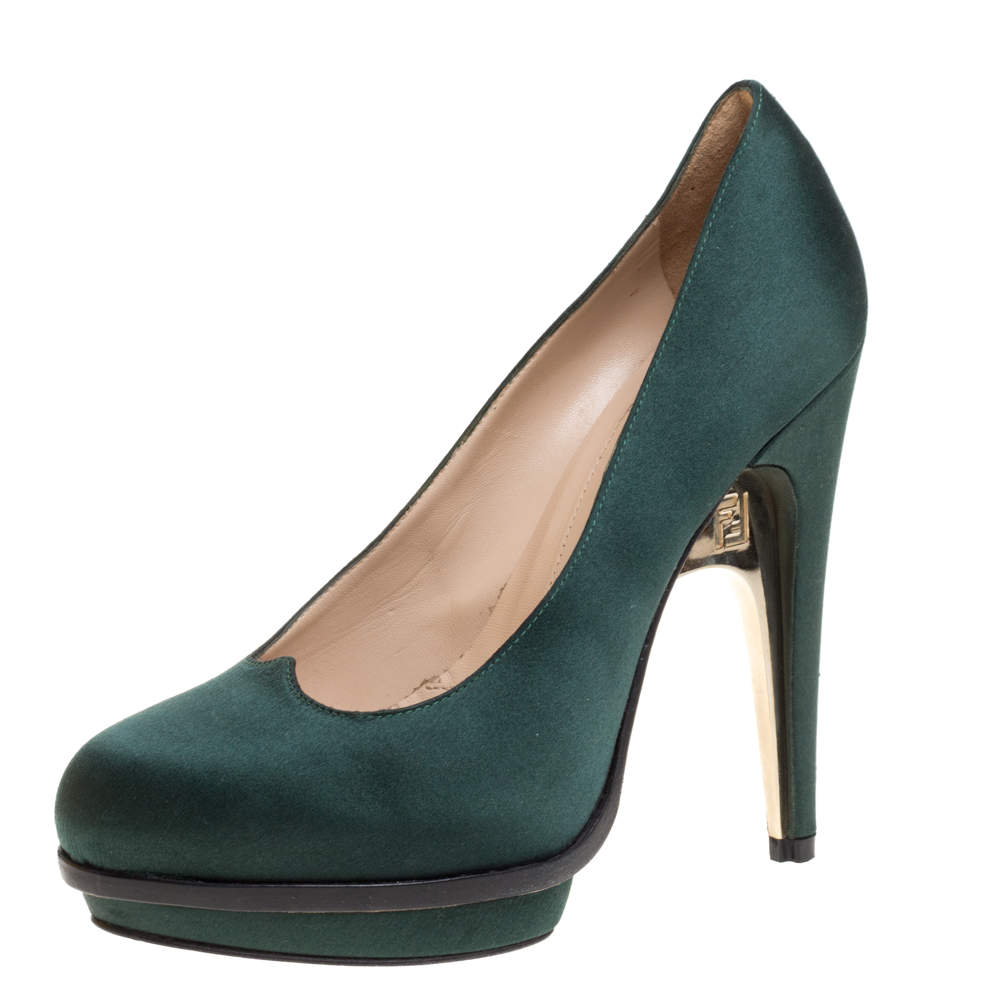 Pre Owned حذاء كعب عالي فندي بريدج نعل سميك ساتان أخضر مقاس 38