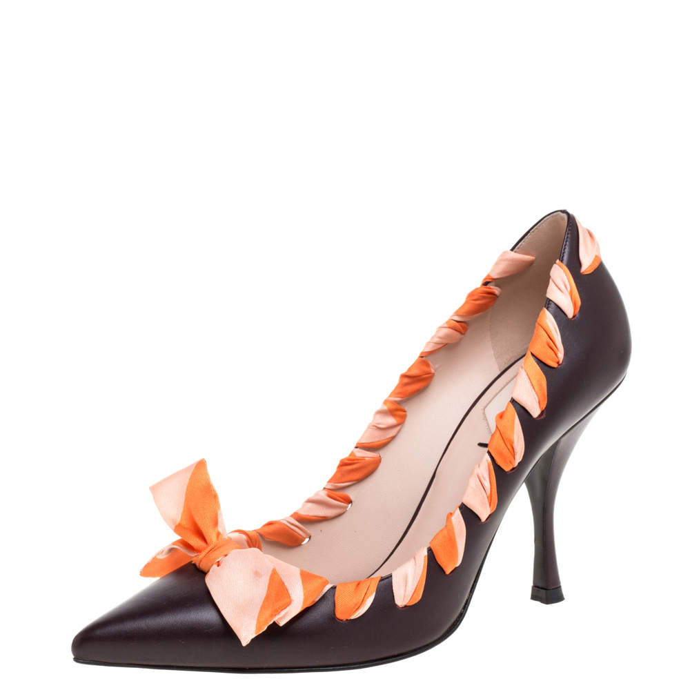Pre Owned Fendi Brown Leather Ribbon Detail Pointed Toe Pumps Size 38