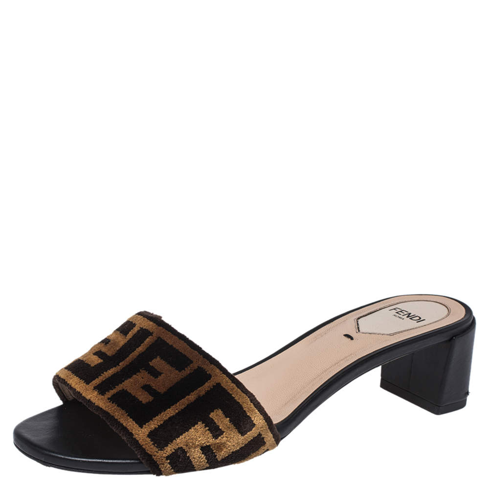 Fendi Brown Velvet Zucca Slide Sandals Size 37.5