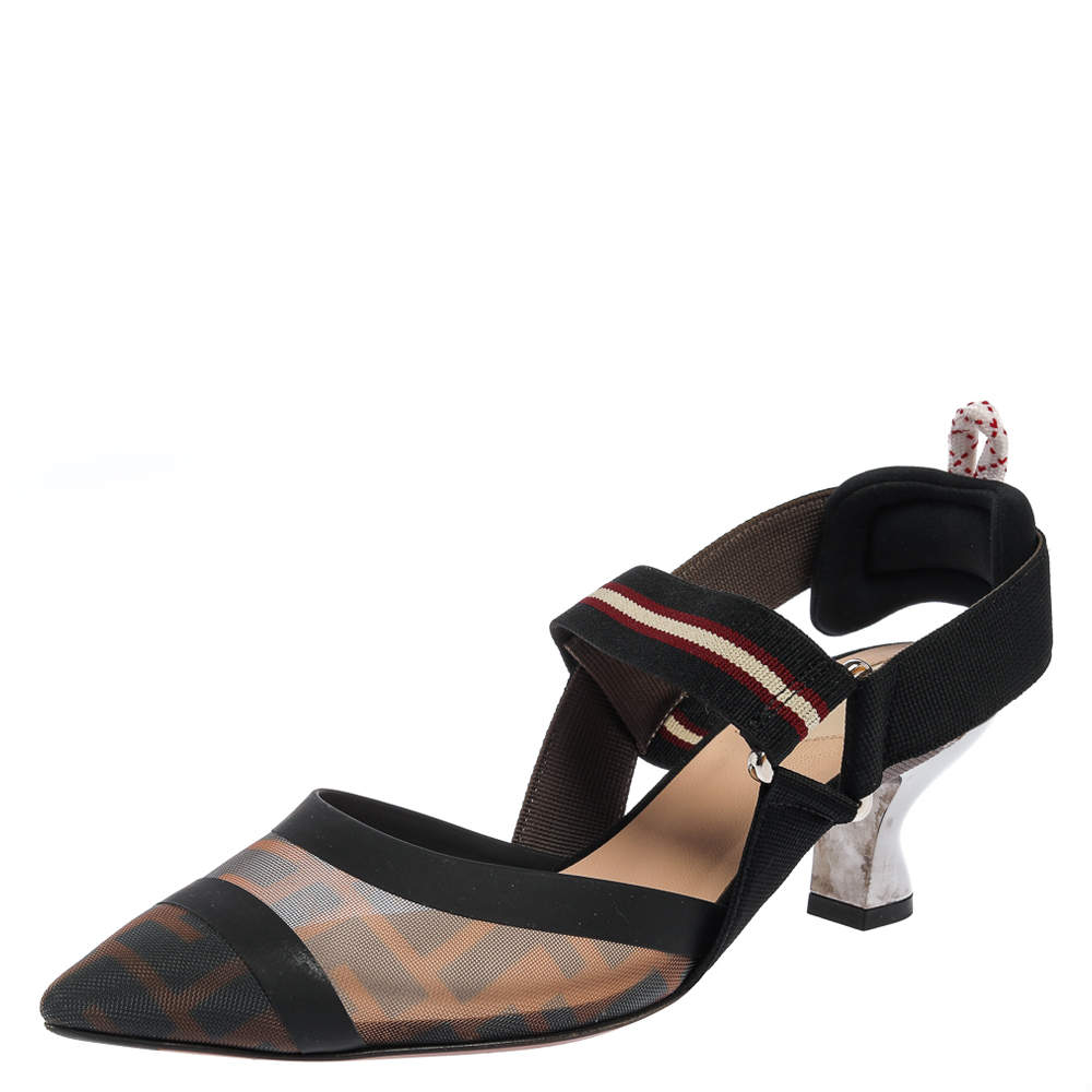 Pre Owned Fendi Black/Brown Mesh And Fabric Colibri Slingback Pumps Size 36.5