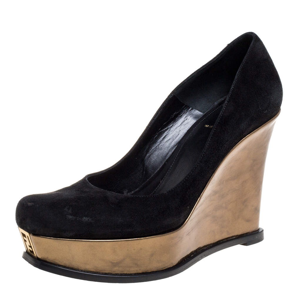 Pre Owned Fendi Black Suede Leather Wedge Platform Pumps Size 40