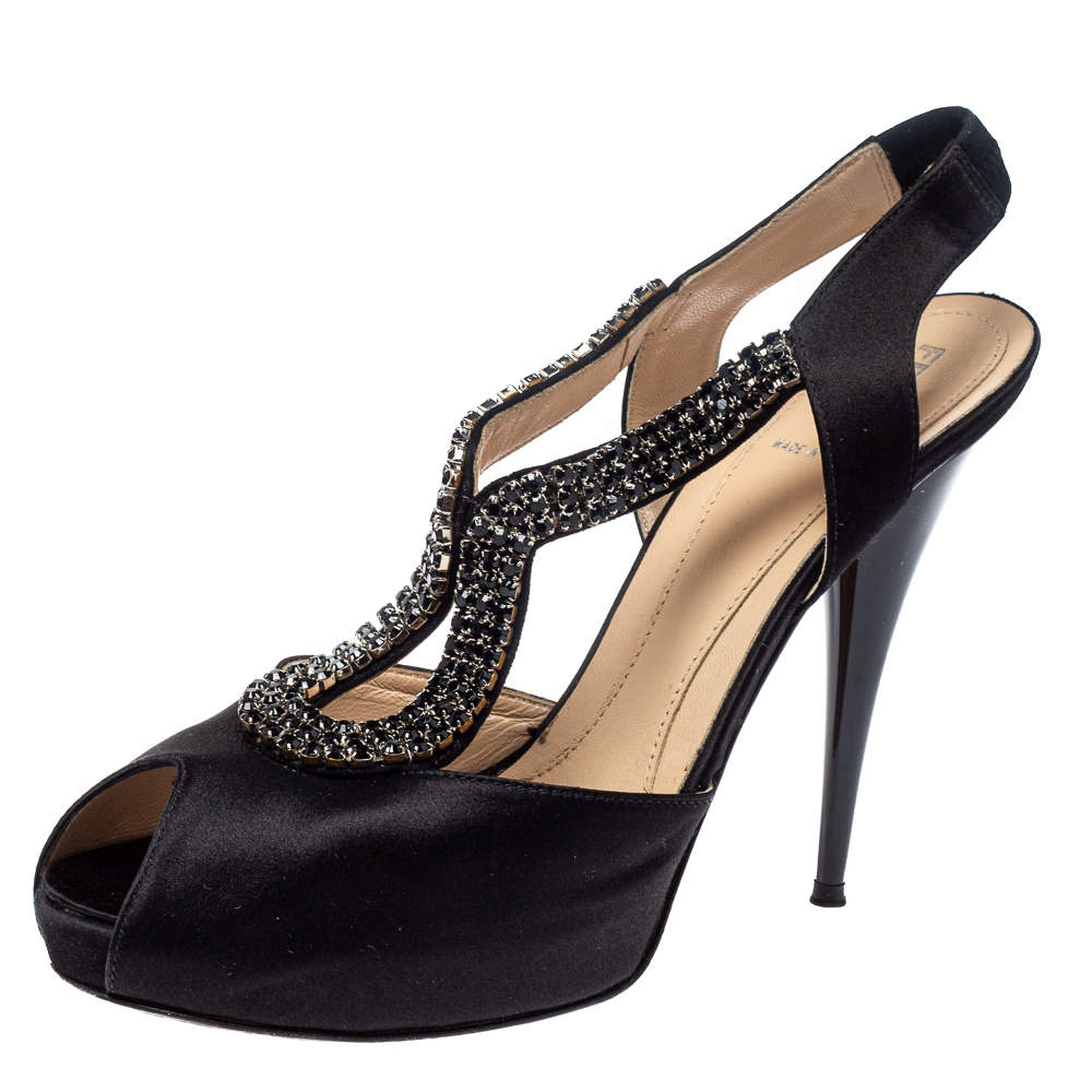 Fendi Black Satin Crystal Embellished Slingback Platform Sandals Size 39
