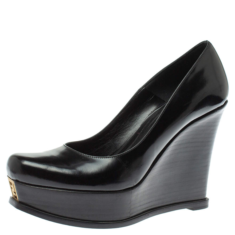 Pre Owned Fendi Black Leather Fendista Wedge Pumps Size 40