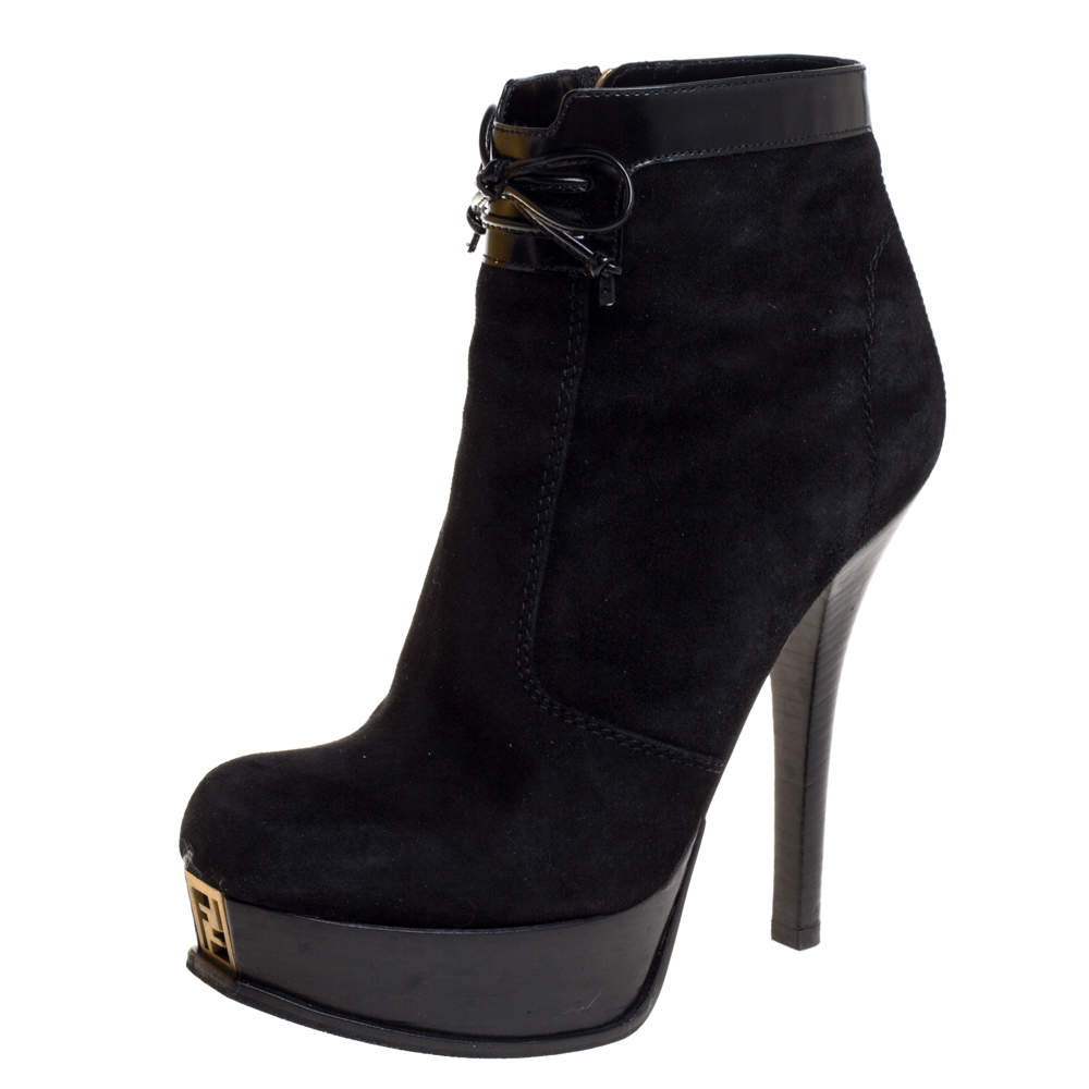 Pre Owned Fendi Black Suede And Patent Leather Fendista Platform Ankle Boots Size 39.5