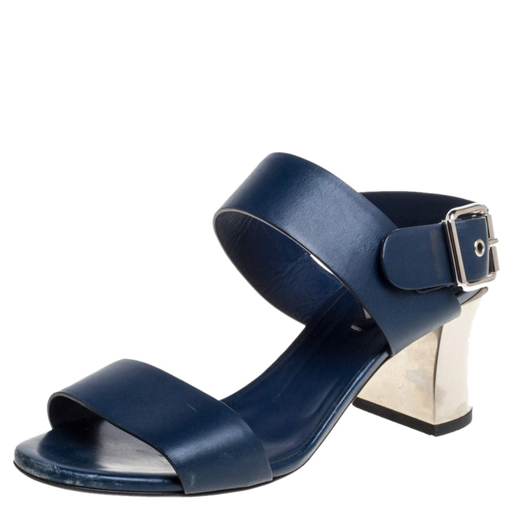 Pre Owned Fendi Blue Leather Metal Block Heel Ankle Strap Sandals Size 37.5