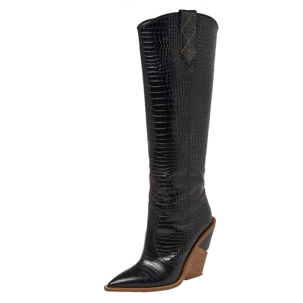 Fendi Black Croc Embossed Leather Cowboy Boots Size 39