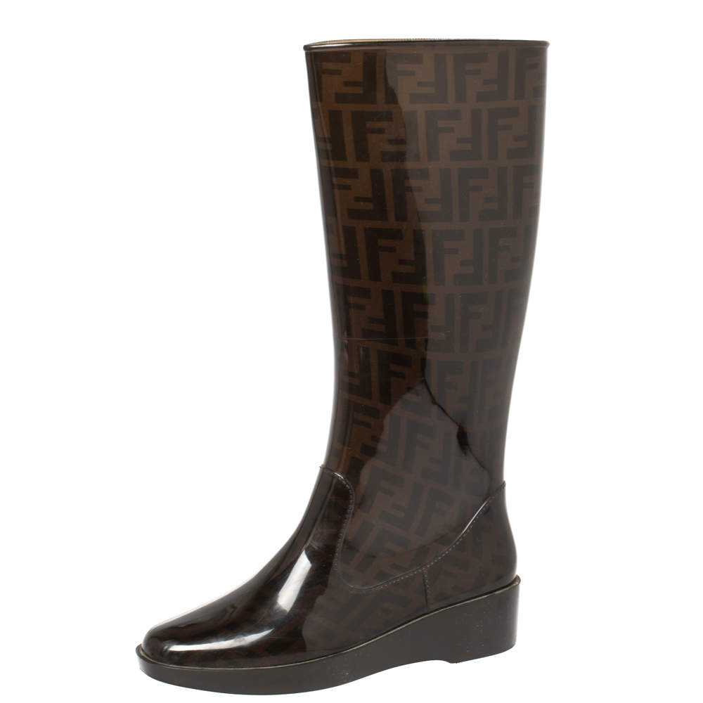 Pre Owned Fendi Tobacco Zucca Rubber Mid Calf  Rain Boots Size 39