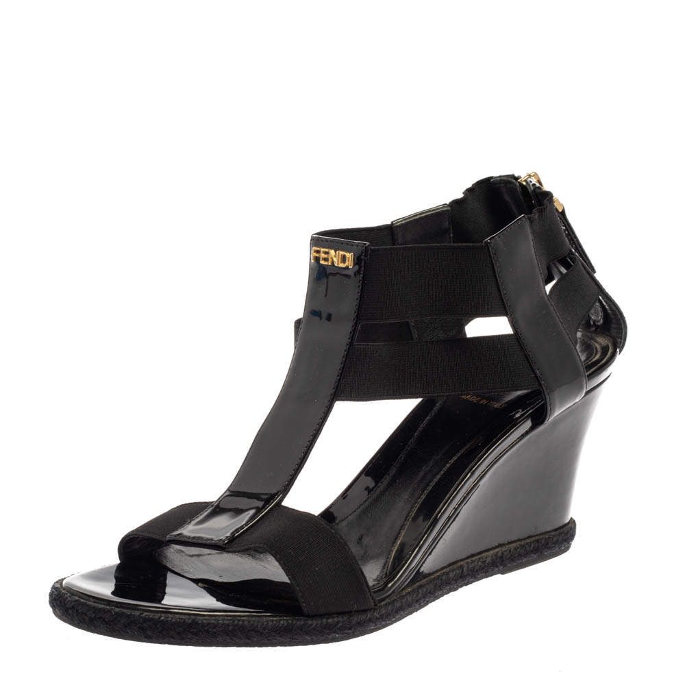 Pre Owned Fendi Black Patent Leather And Elastic T-Strap Espadrille Wedge Sandals Size 37.5