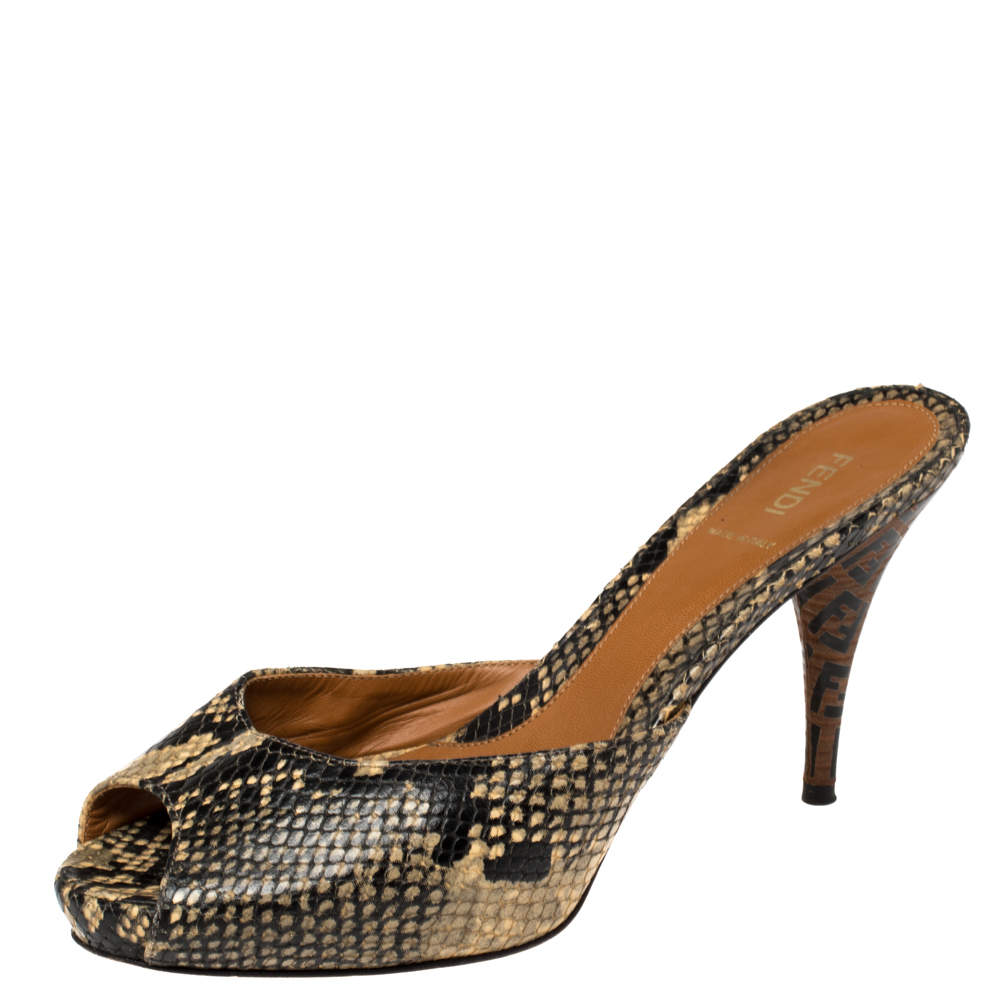 Fendi Multicolor Python Embossed Leather Peep Toe Slide Sandals Size 40