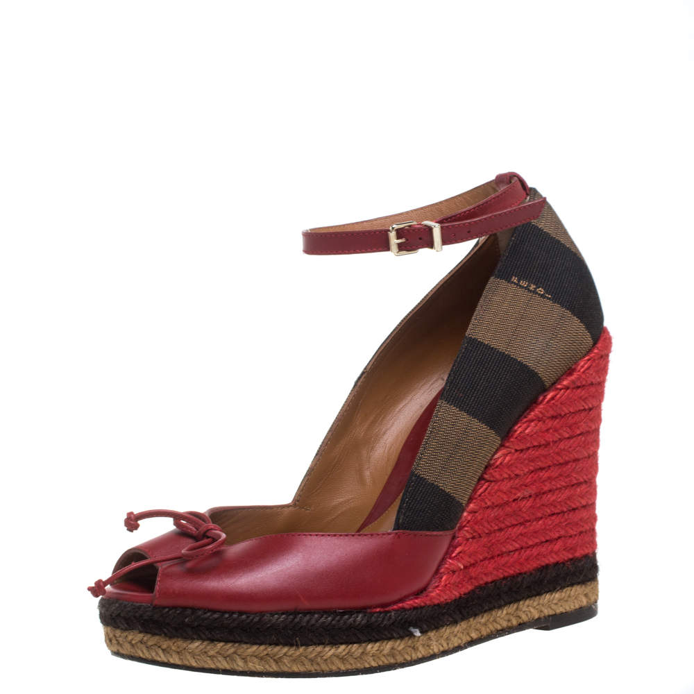 Fendi Red Leather And Striped Canvas Ankle Strap Espadrilles Wedge Pumps Size 37.5