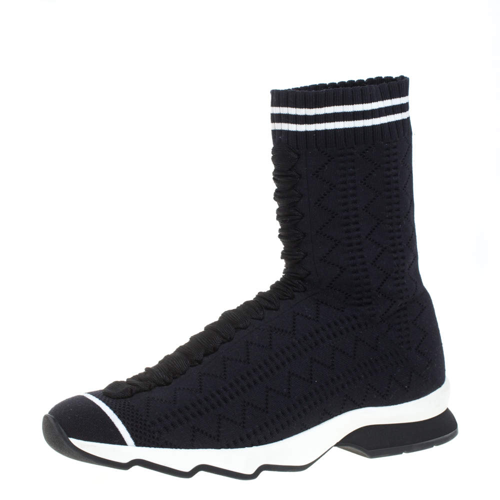 Pre Owned Fendi Black/Blue Knit Fabric Sock High Top Sneakers Size 39