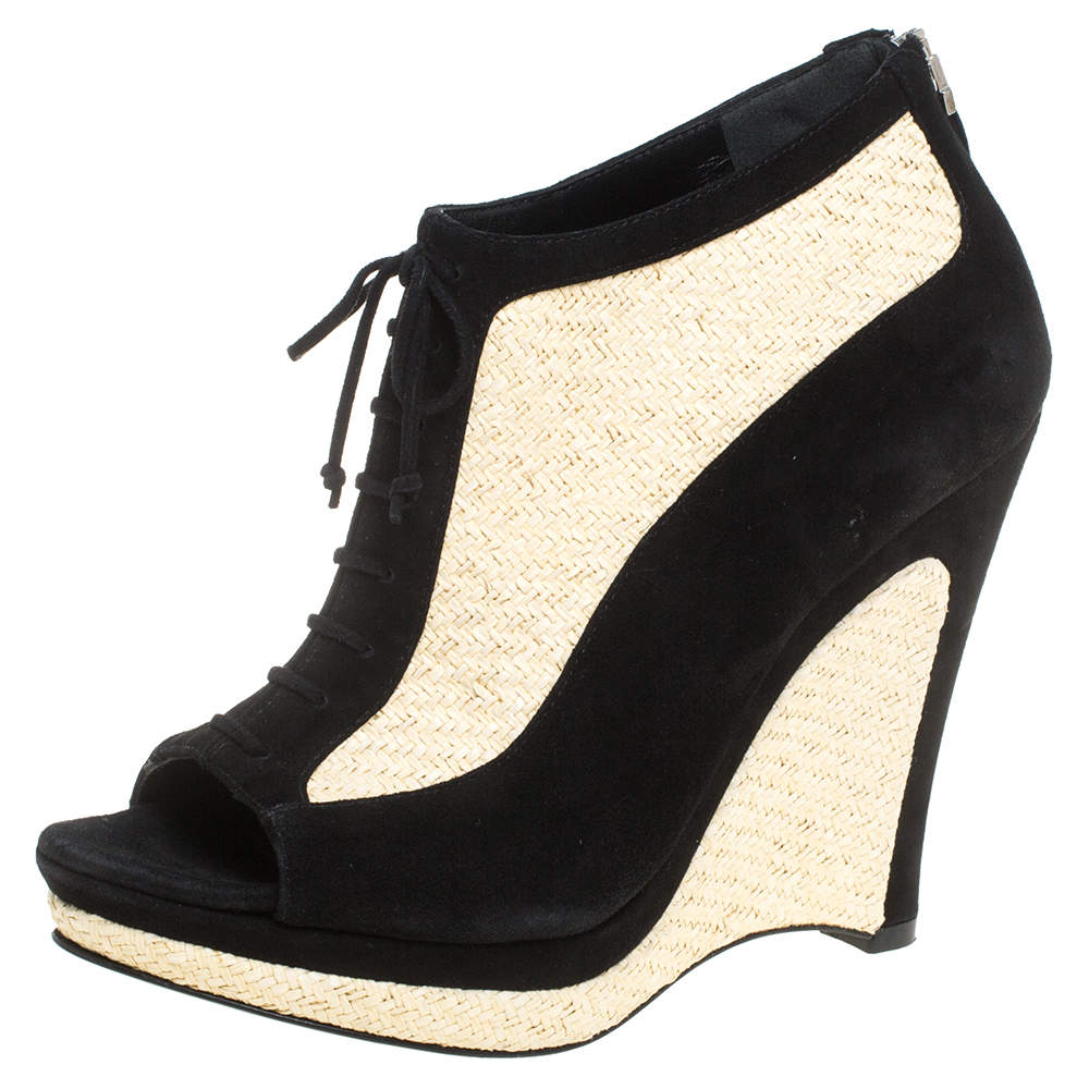 Fendi Black/Beige Suede And Jute Wedge Peep Toe Booties Size 36