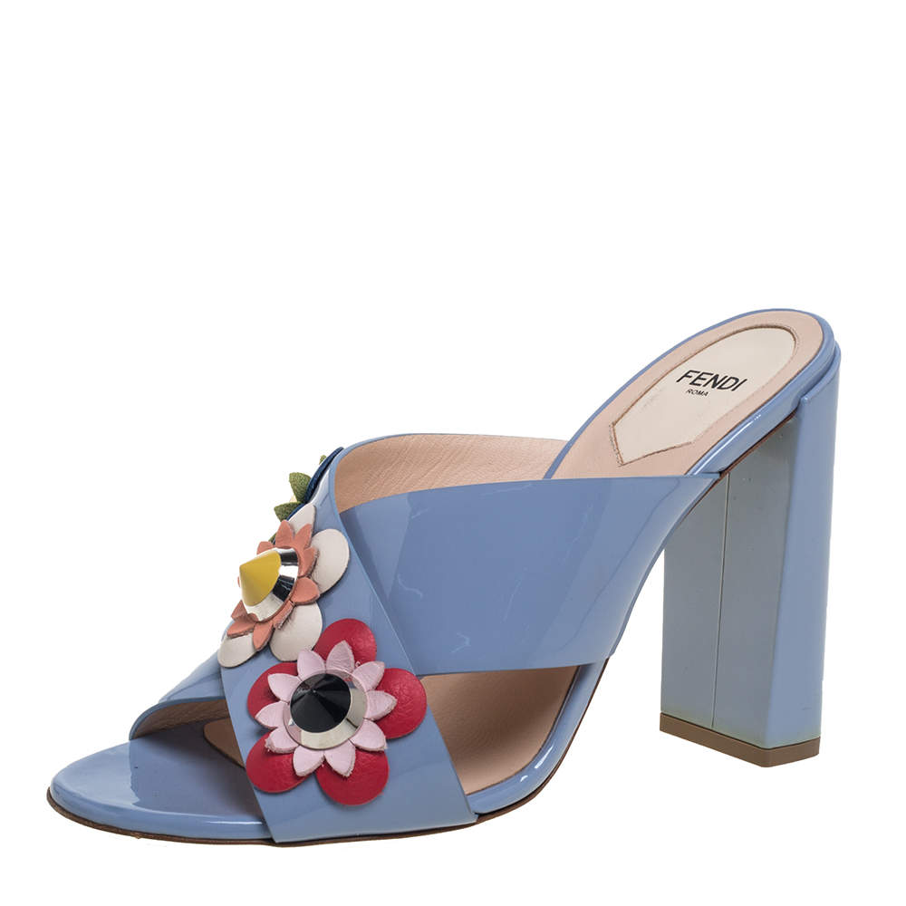 Fendi Blue Patent Leather Flowerland Mule Sandals Size 39