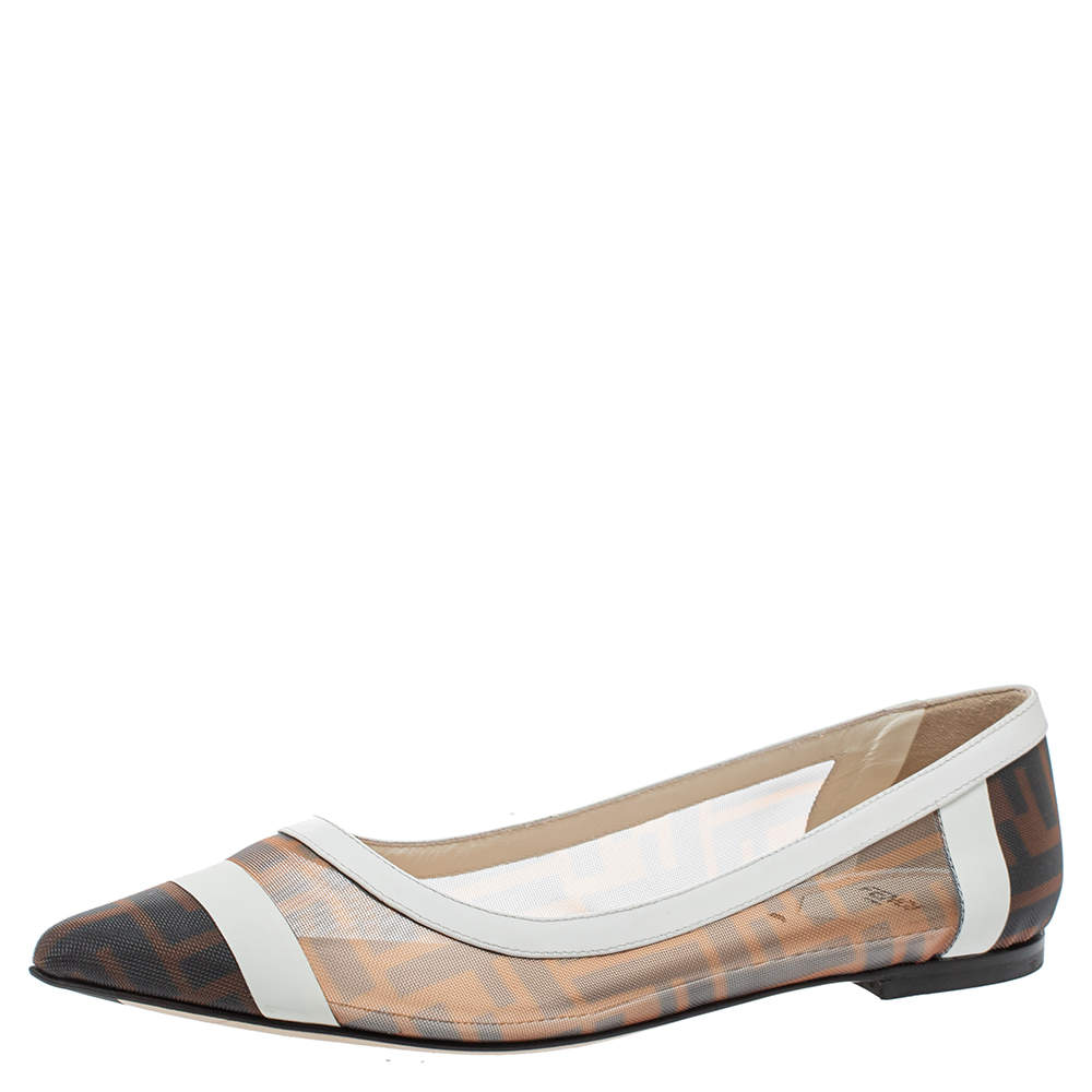 Pre Owned حذاء فلات باليه فندى كوليبرى جلد وشبك زوكا أبيض / بنى مقاس 38