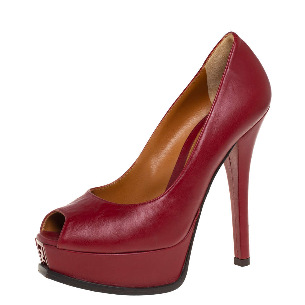 Pre Owned Fendi Maroon Leather Fendista Peep Toe Platform Pumps Size 37.5