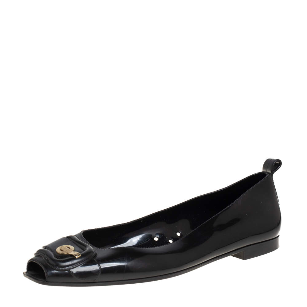 Pre Owned Fendi Black Jelly Buckle Embellished Peep Toe Ballet Flats Size 39