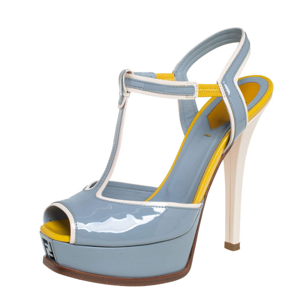 Fendi Blue/Yellow Patent Leather T- Strap Fendista Platform Sandals Size 38