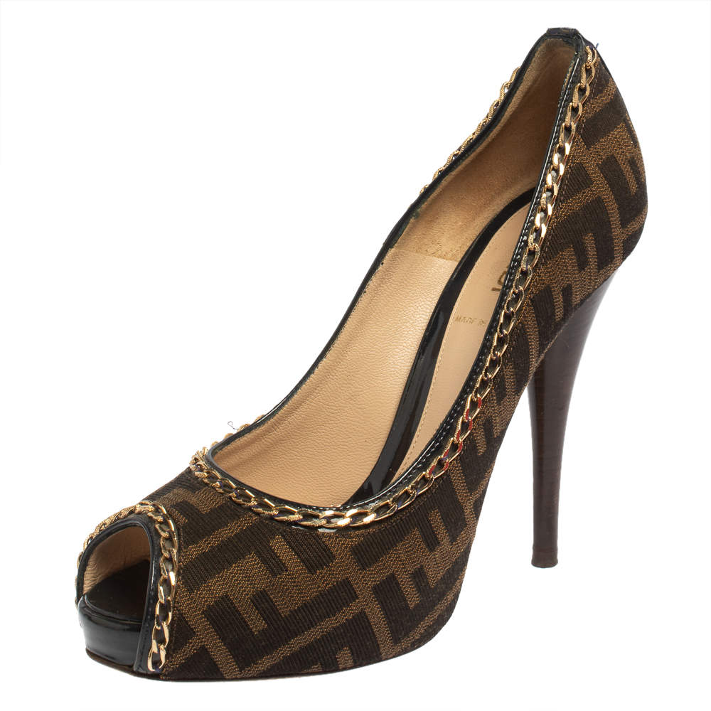 Pre Owned Fendi Tobacco Zucca Canvas Peep Toe Chain Embellished Trim Pumps Size 37