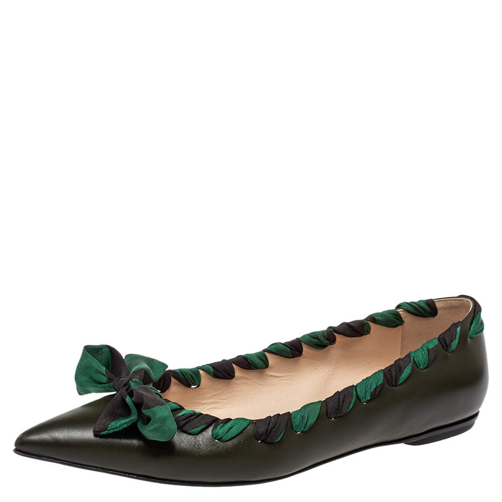Fendi Olive Green Leather And Fabric Bow Pointed Toe Ballet Flats Size