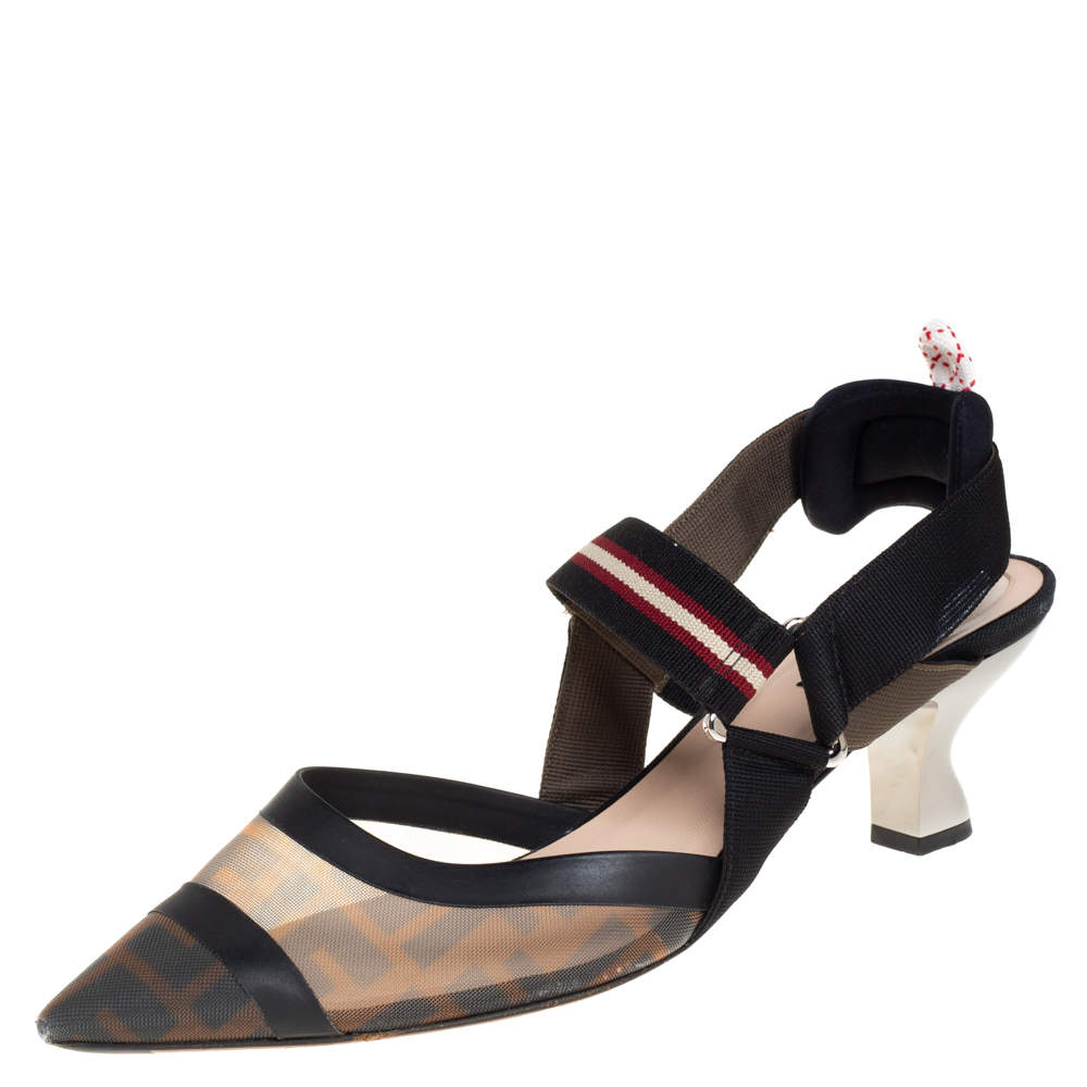 Pre Owned Fendi Brown Zucca Mesh And Leather Colibri Slingback Sandals Size 40