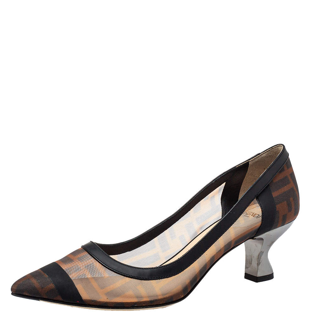 Fendi Brown/Black Zucca Mesh And Leather Colibri Pointed Toe Pumps Size 38.5