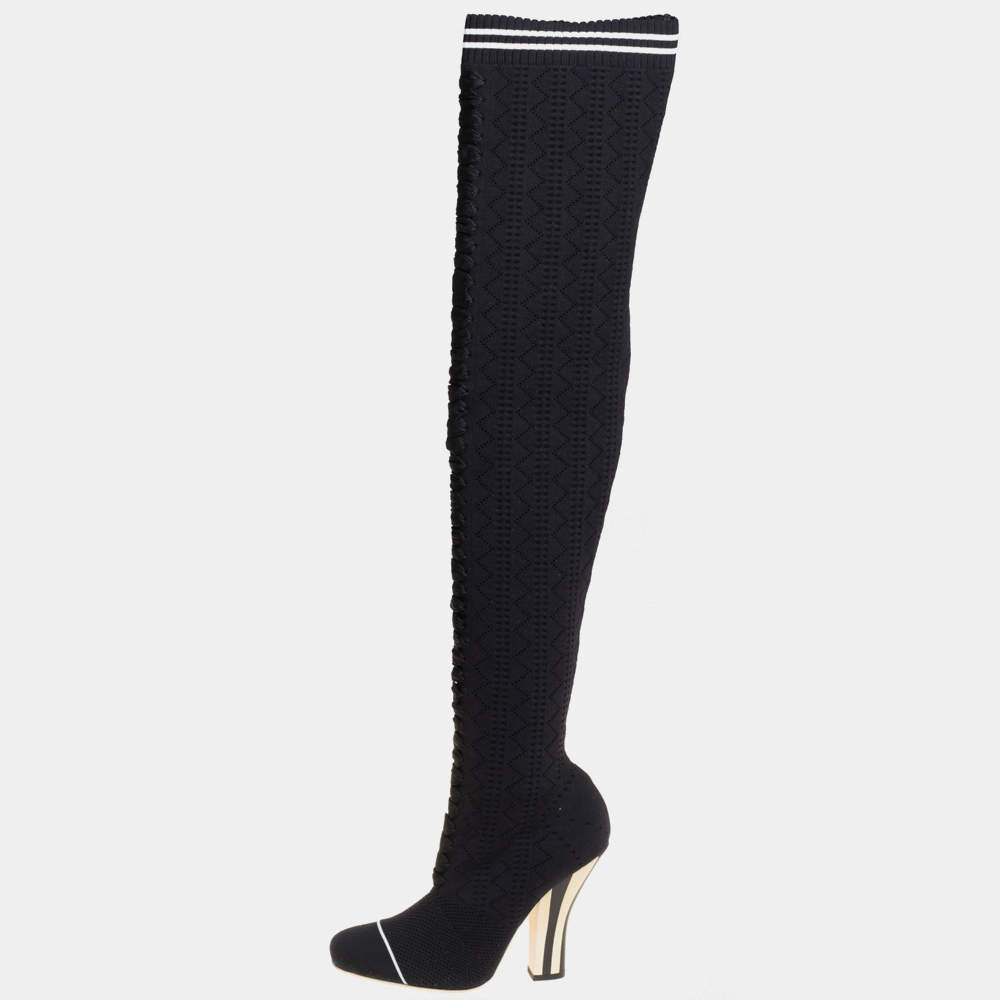 Fendi Black Knit Fabric Over the Knee Boots Size 39