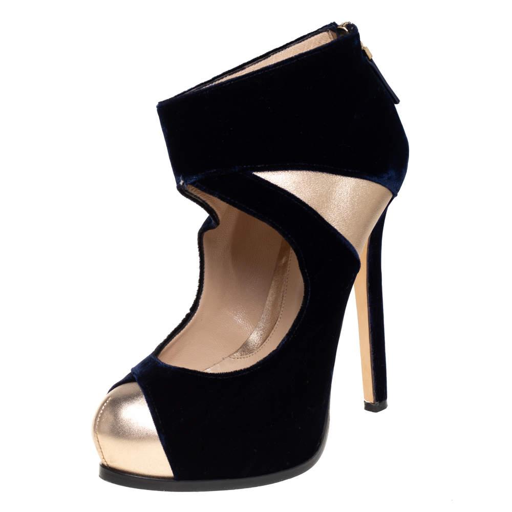 Fendi Blue/Gold Leather And Velvet Ankle Booties Size 38.5