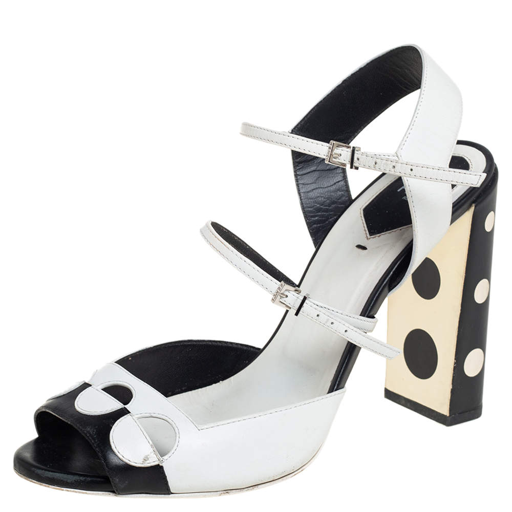 Pre Owned Fendi Black/White Leather Ankle Strap Polka Dot Sandals Size 40