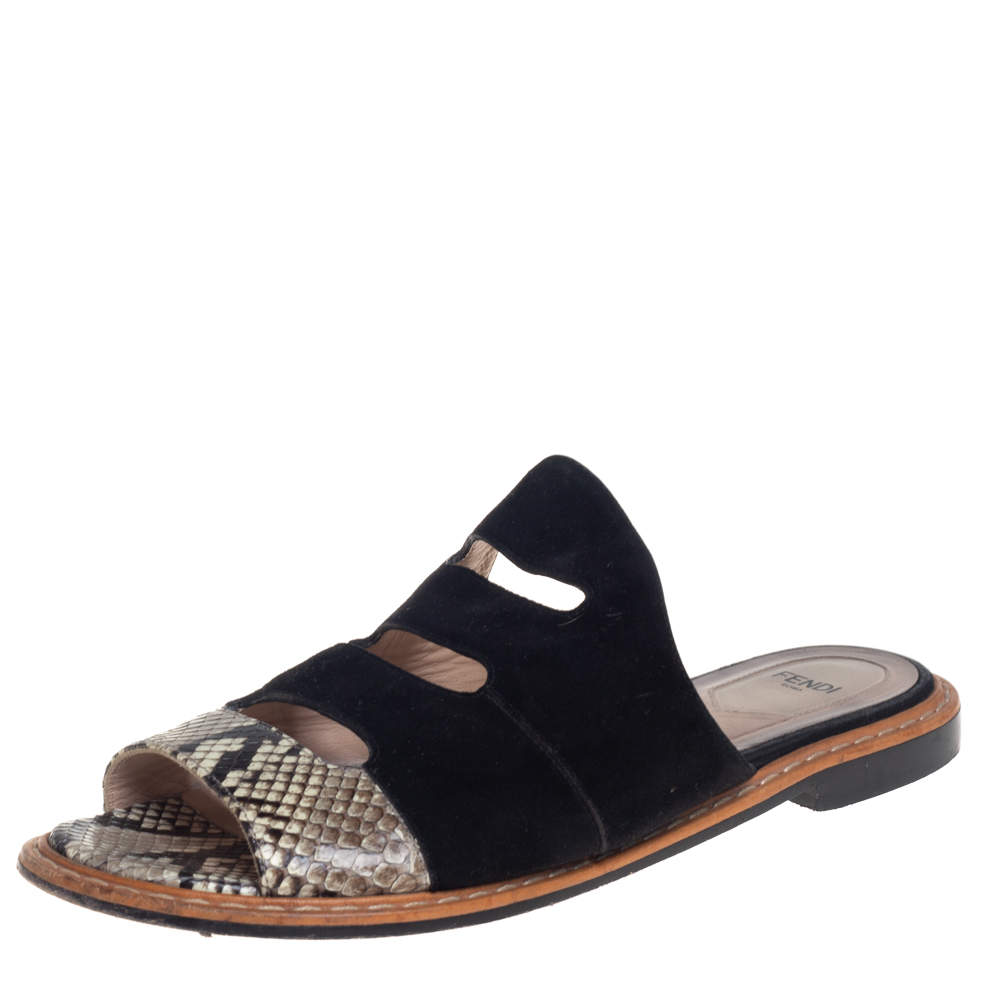 Pre Owned حذاء سلايدز فندي فلات قصة ثعبان لونين وسويدي أسود مقاس 39