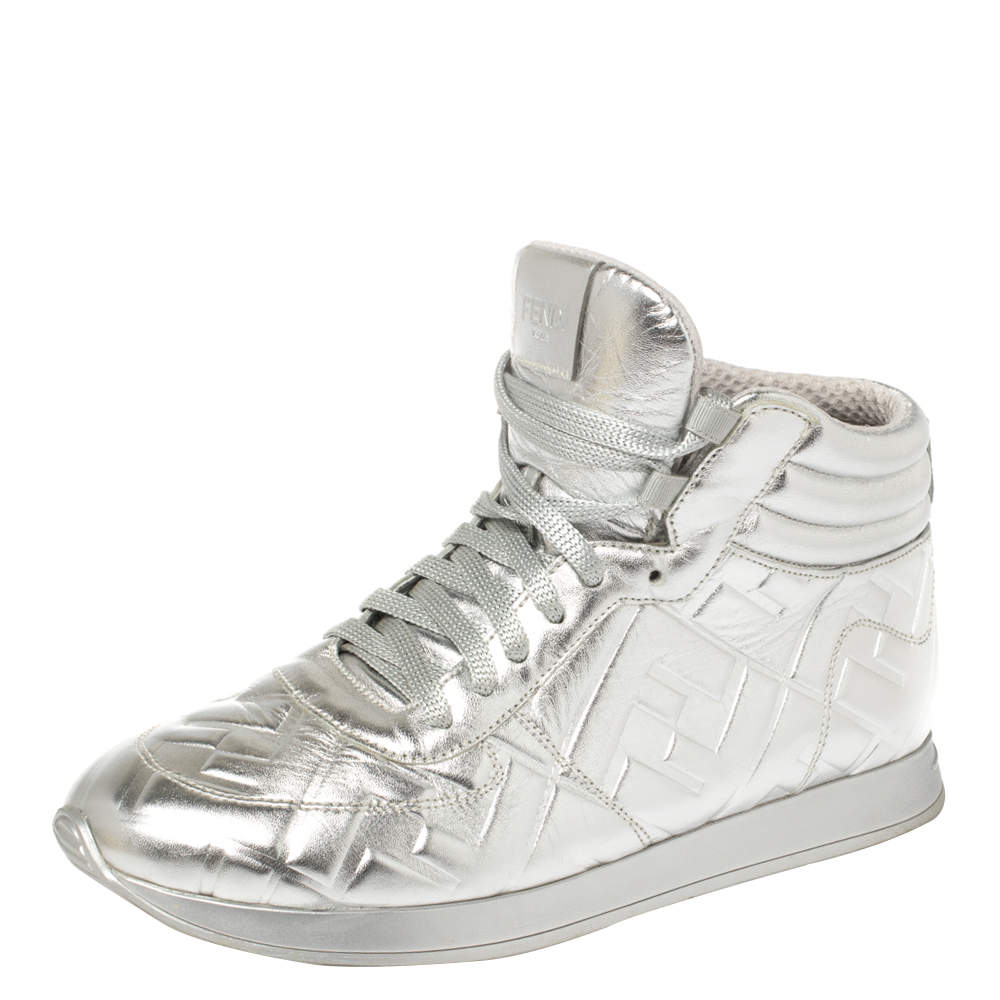 Fendi Silver Leather FF High Top Sneakers Size 38
