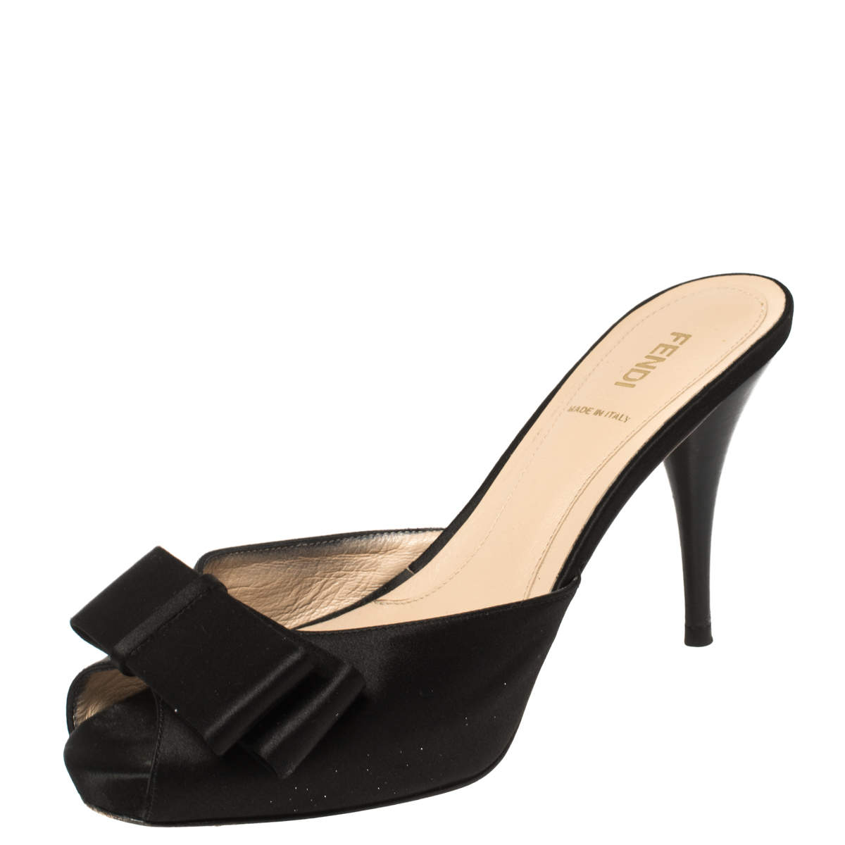 Pre Owned Fendi Black Satin Bow Peep Toe Slide Sandals Size 38.5
