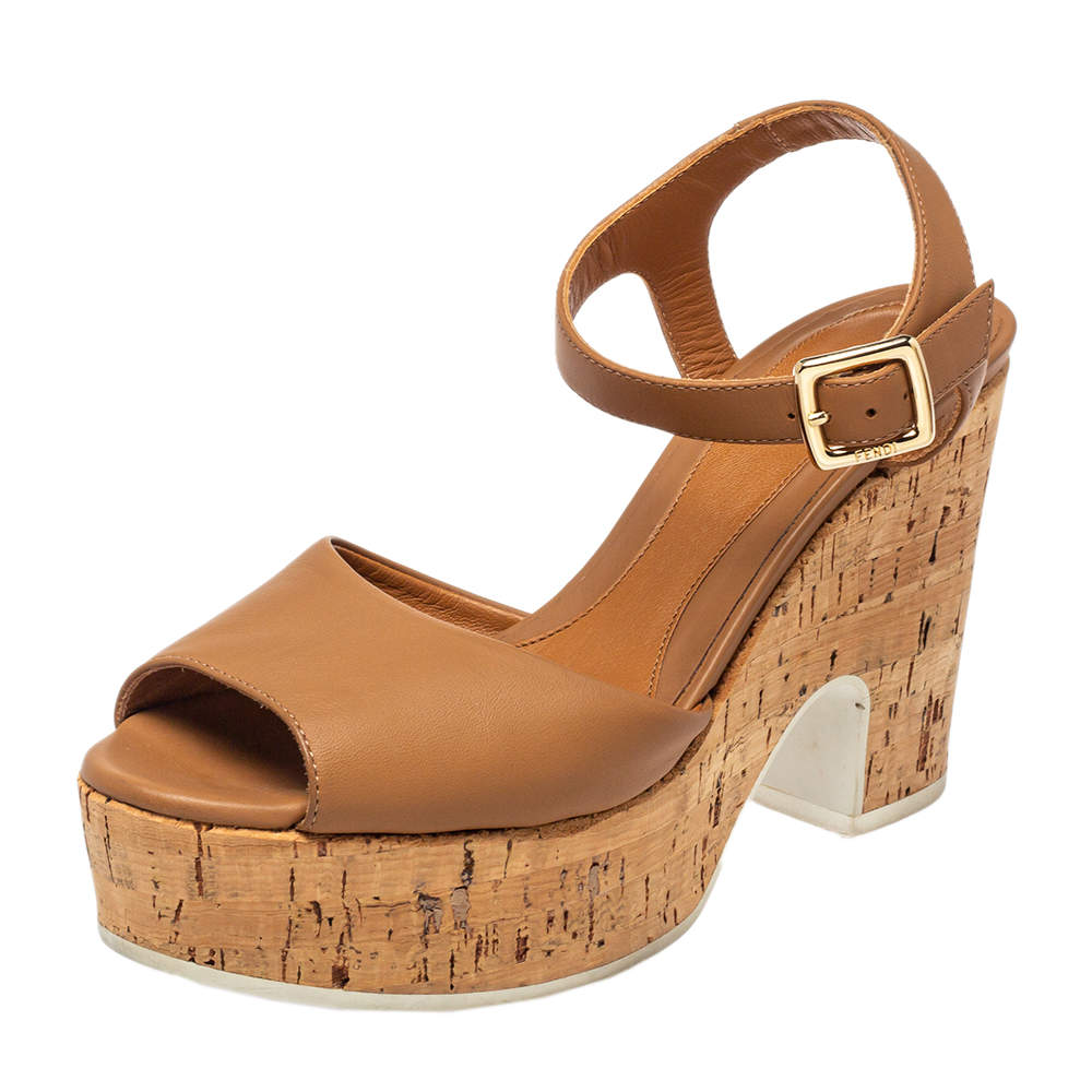 مملوكة مسبقًا Fendi Brown Leather Cork Wedge Platform Ankle Strap Sandals Size 35