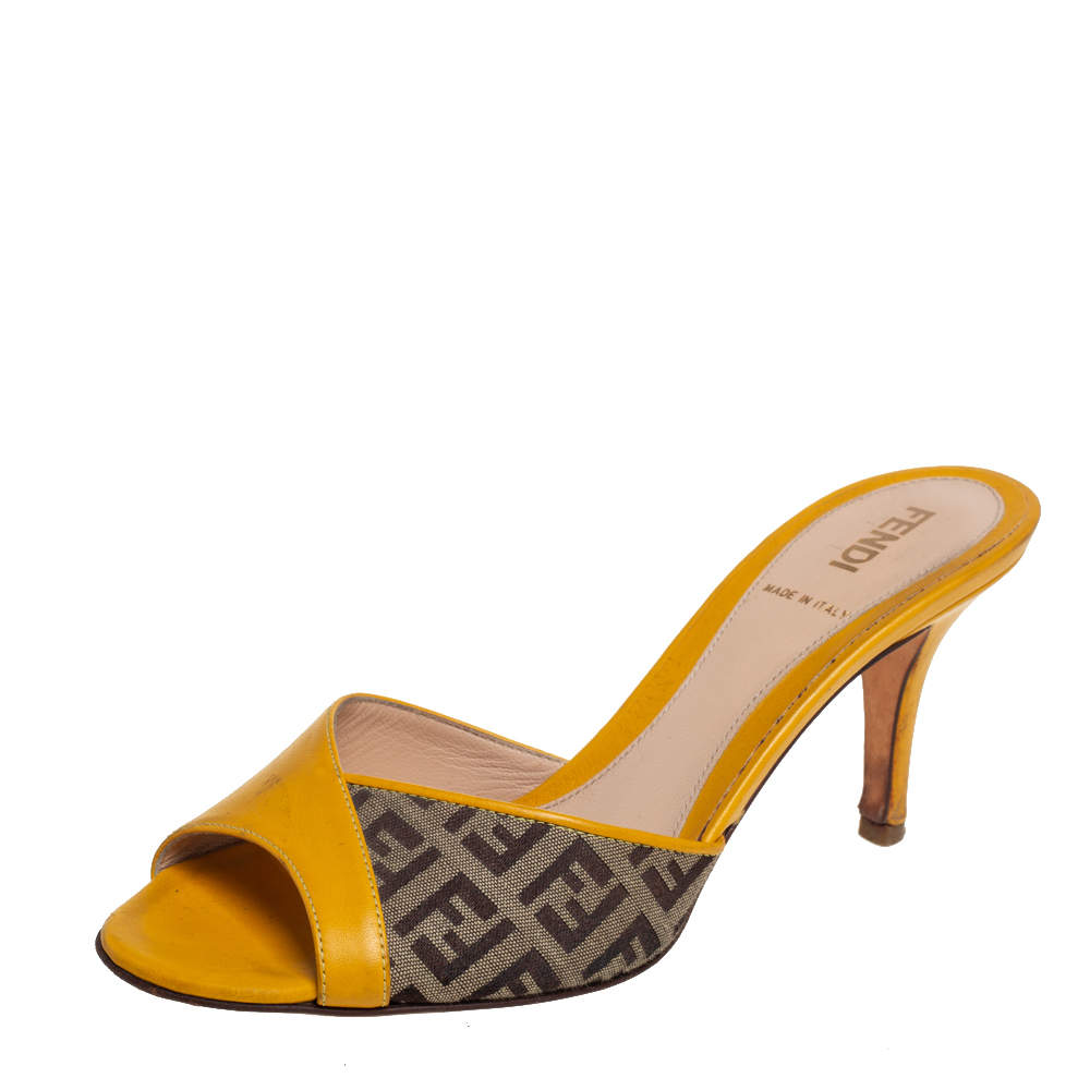 Fendi Yellow  Zucca Canvas And Leather Slide Sandals Size 35 