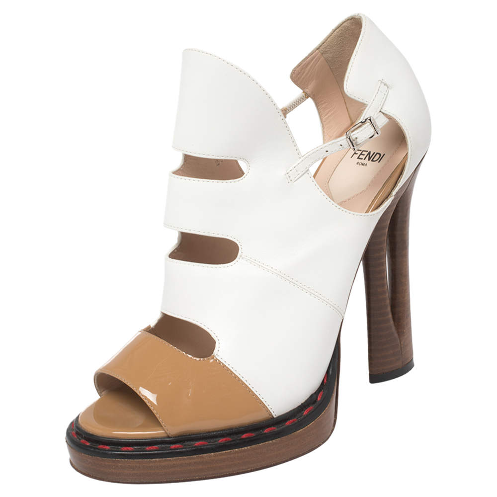 Pre Owned Fendi White/Tan Leather And Patent Cut Out Ankle Strap Sandals Size 40