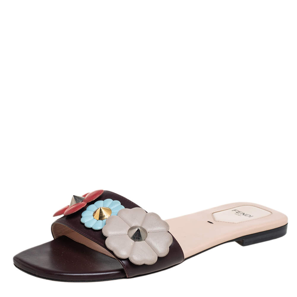 Pre Owned Fendi Brown Leather Embellished Flat Sandals Size 38