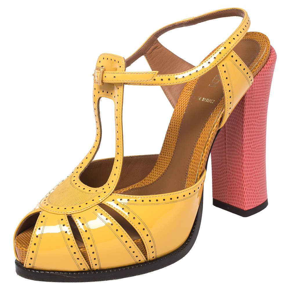 Pre Owned Fendi Yellow Patent Leather T-Strap Block Heel Peep Toe Pumps Size 40