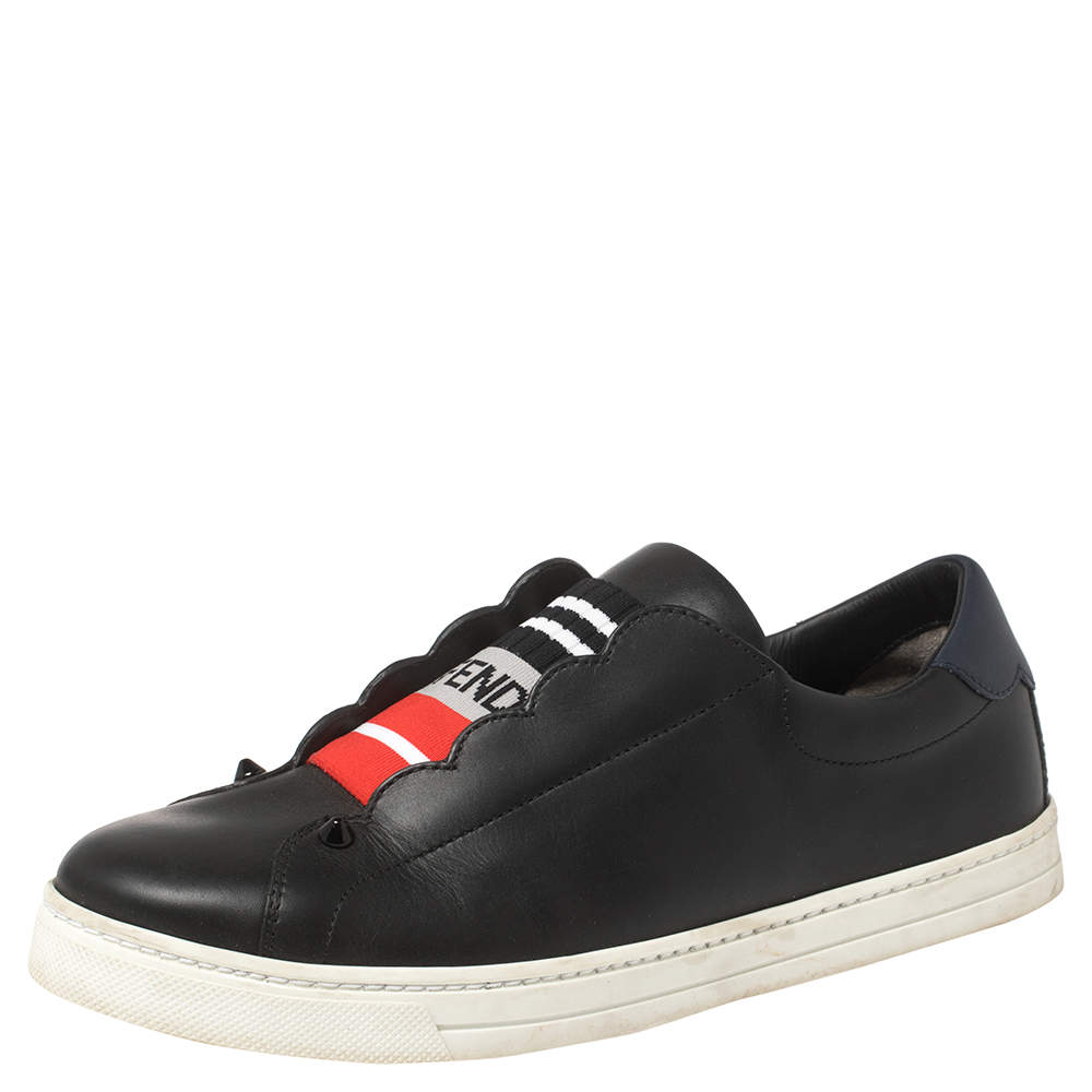 Pre Owned Fendi Black And Blue Leather Logo Knit Rockoko Scallop Detail Slip On Sneakers Size 38.5