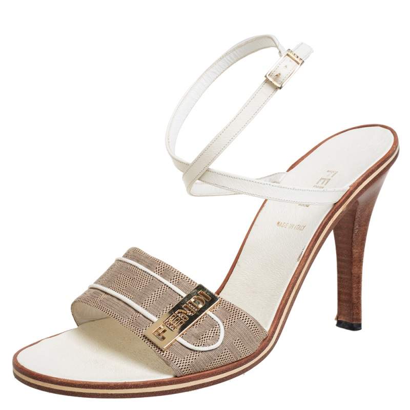 Pre Owned Fendi Beige/White Canvas And Leather Ankle Strap Sandals Size 39.5
