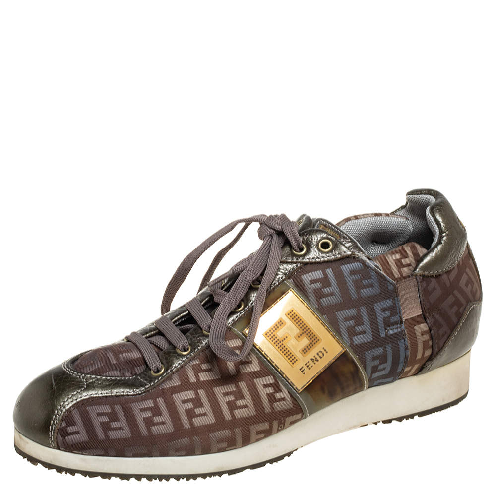 Pre Owned Fendi Tobacco Zucca Canvas And Leather Trim Low Top Sneakers Size 37.5