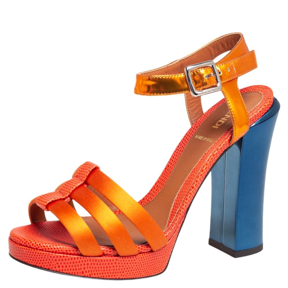 Fendi Orange Satin, Leather, and Lizard Embossed Ankle Strap Sandals Size 37.5