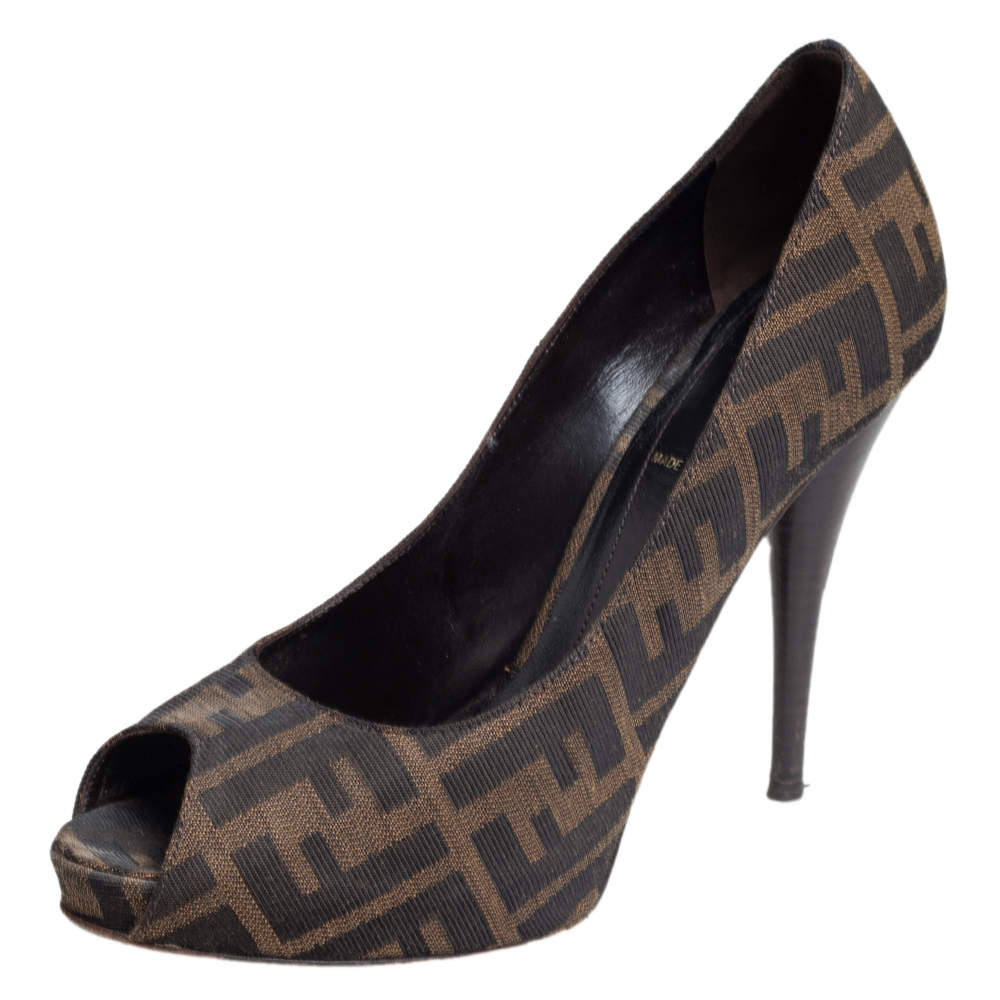 Pre Owned Fendi Tobacco Zucca Canvas Peep Toe Pumps Size 38