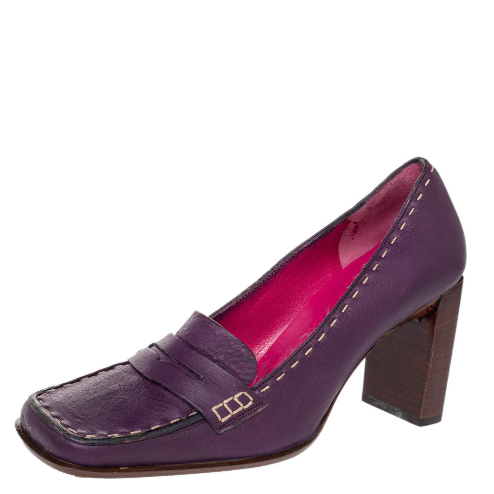 Pre Owned Fendi Purple Leather Slip on Loafers Pumps Size 37.5