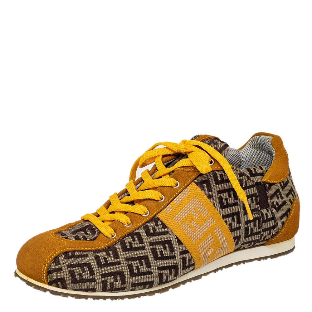 Pre Owned Fendi Brown/Yellow Zucca Canvas And Suede Low Top Sneakers Size 37.5