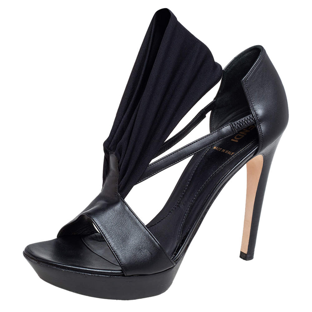Fendi Black Leather And Stretch Fabric Platform Open Toe Sandals Size 37.5