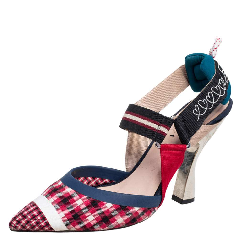 Fendi Multicolor Check Fabric And Nylon Colibri Slingback Sandals Size 38