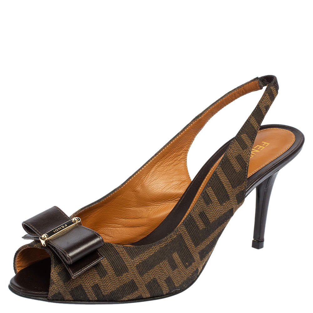 Pre Owned Fendi Tobacco Zucca Canvas and Leather Bow Peep Toe Slingback Sandals Size 39
