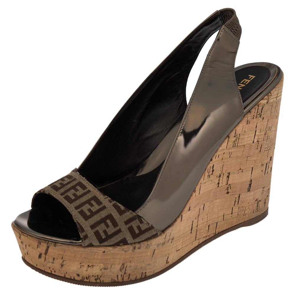 Pre Owned Fendi Metallic/Brown Zucchino Canvas and Patent Leather Cork Wedge Sandals Size 39