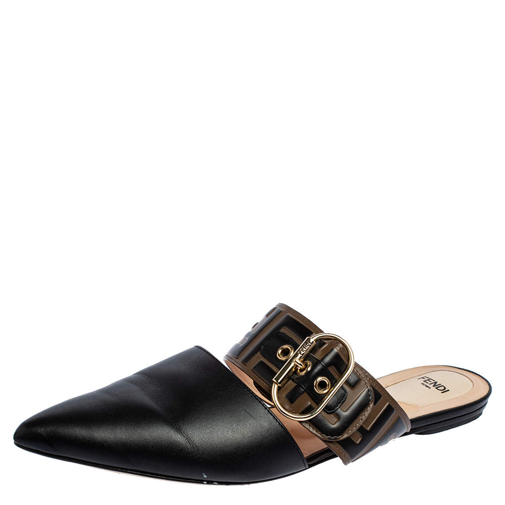 Pre Owned Fendi Black/Tobacco Zucca Leather Signature Flat Mule Sandals Size 40